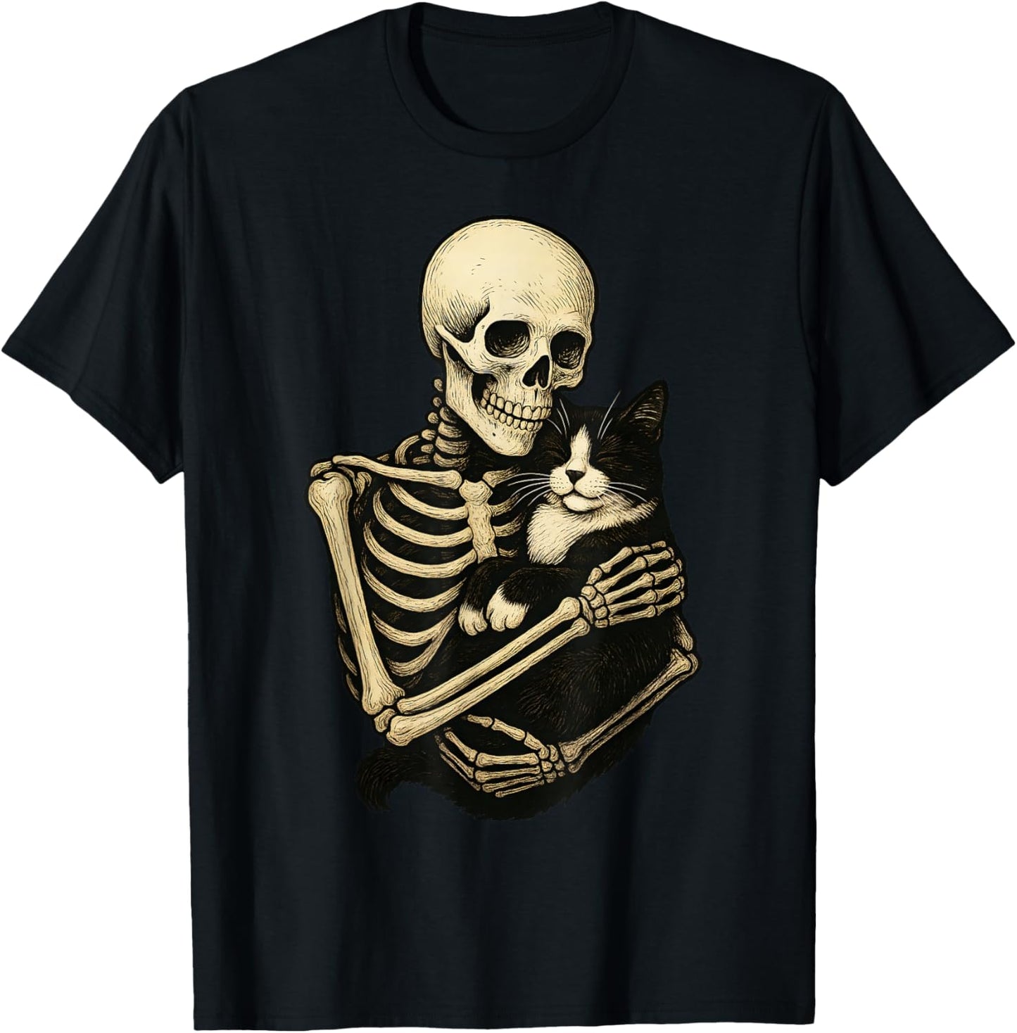 Skeleton Hugging Tuxedo Cat Funny Halloween T-Shirt - T-Shirt | Black