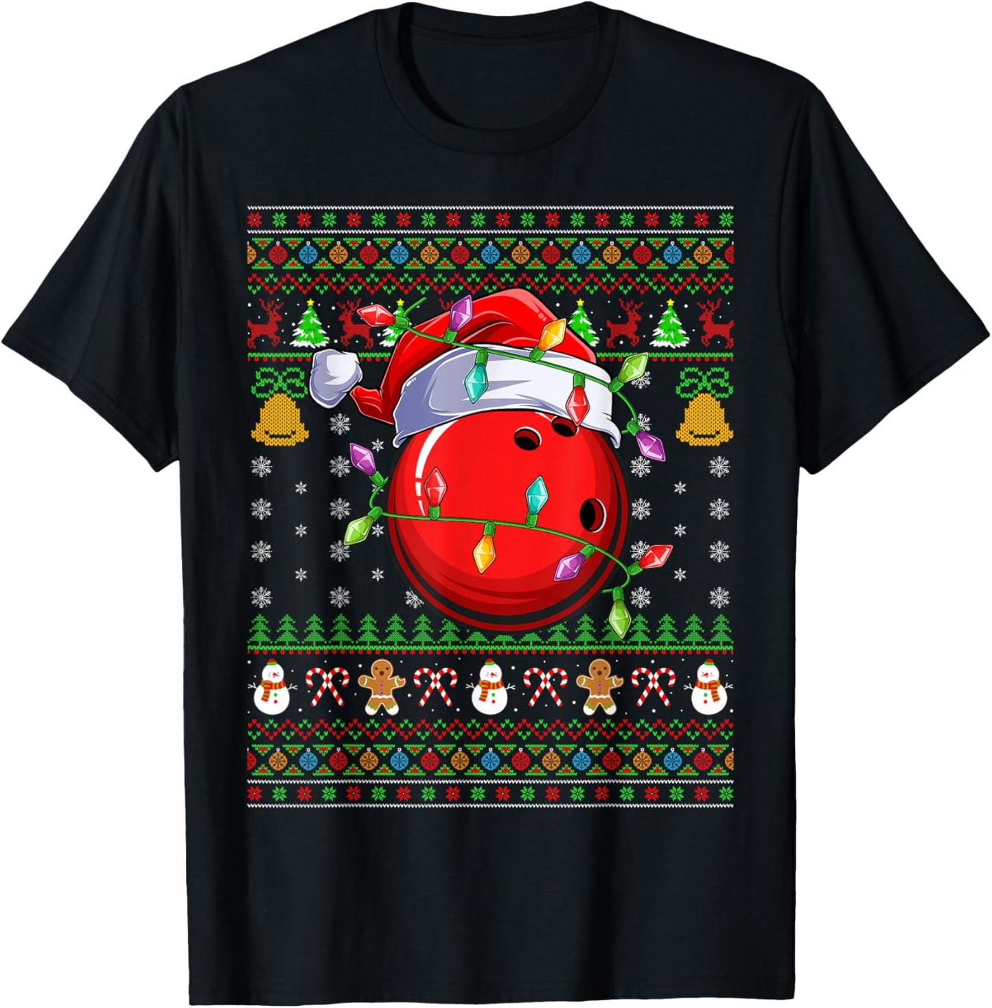 Bowling Ball Ugly Christmas Sweater Sports Player Funny Xmas T-Shirt - T-Shirt | Black