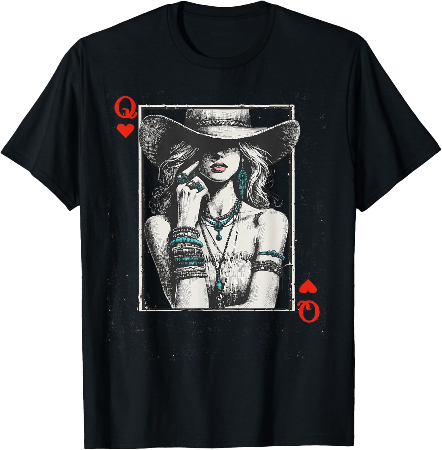 Western Cowgirl Valentine Queen of Hearts Card Vintage Style T-Shirt - T-Shirt | Black