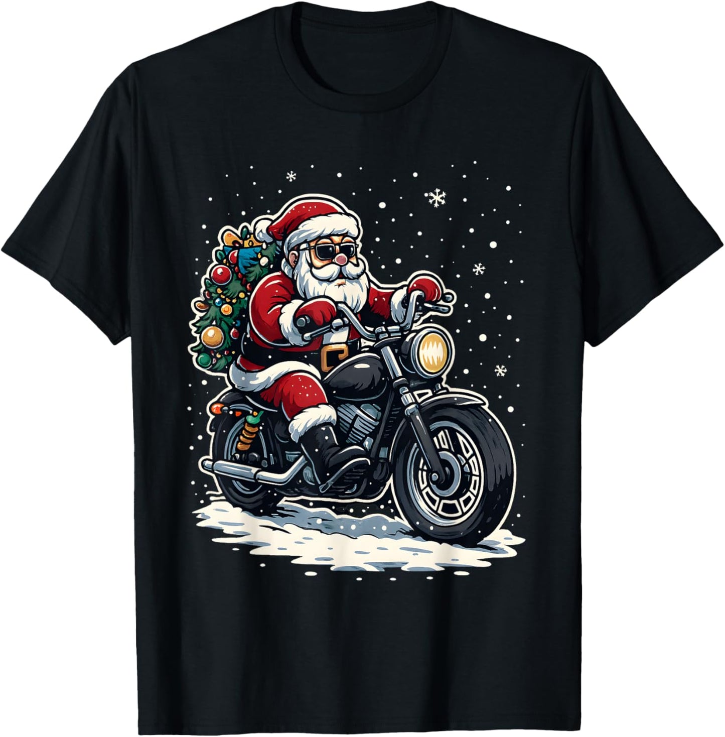 Santa Claus on Motorcycle Lights Christmas Tree Biker Xmas T-Shirt - T-Shirt | Black