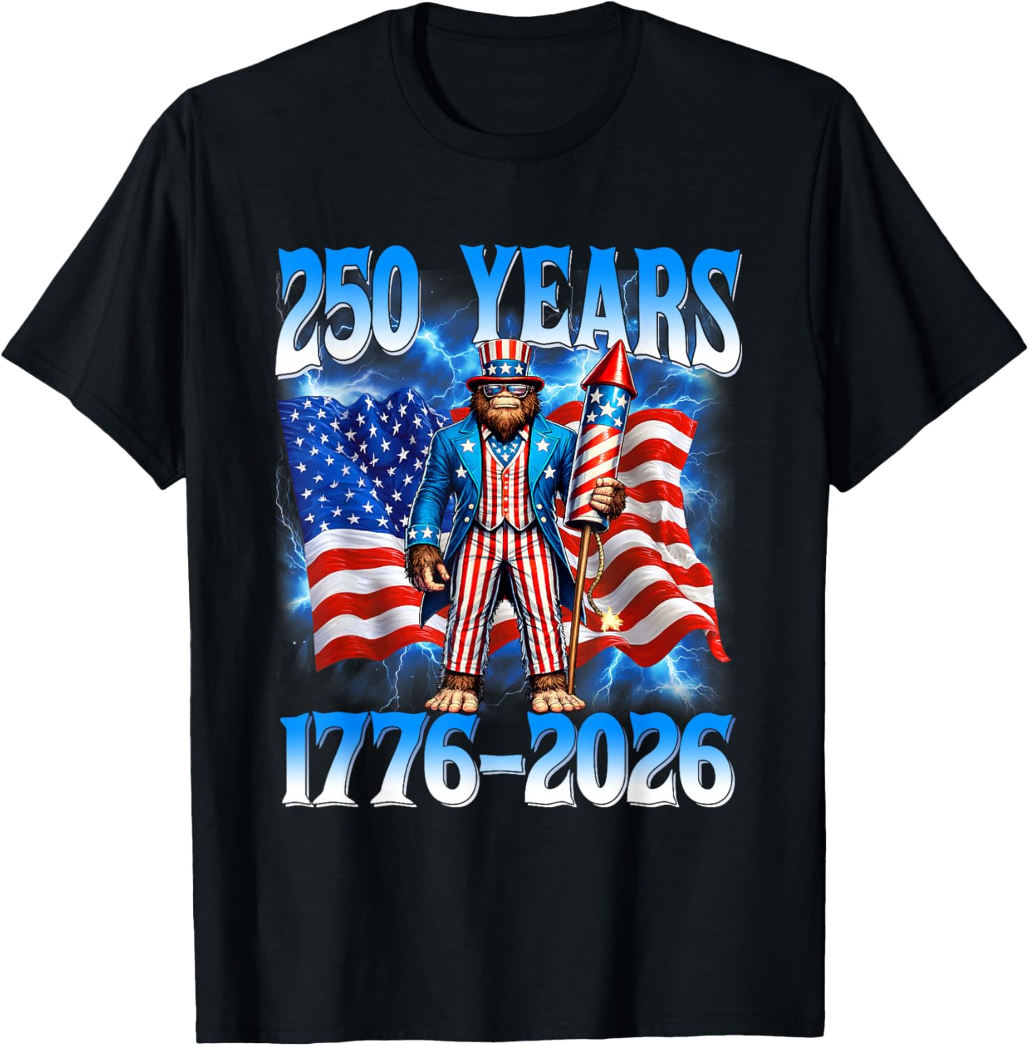250 Years 1776 2026 250th Bigfoot American Flag 4th of July T-Shirt - T-Shirt | Black