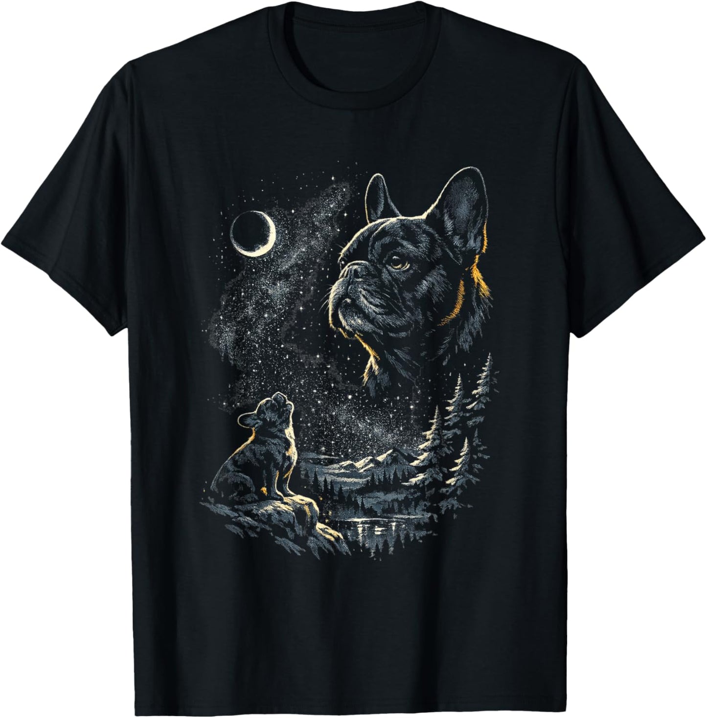 French Bulldog Howling at Moon Vintage 90s Funny Graphic T-Shirt - T-Shirt | Black