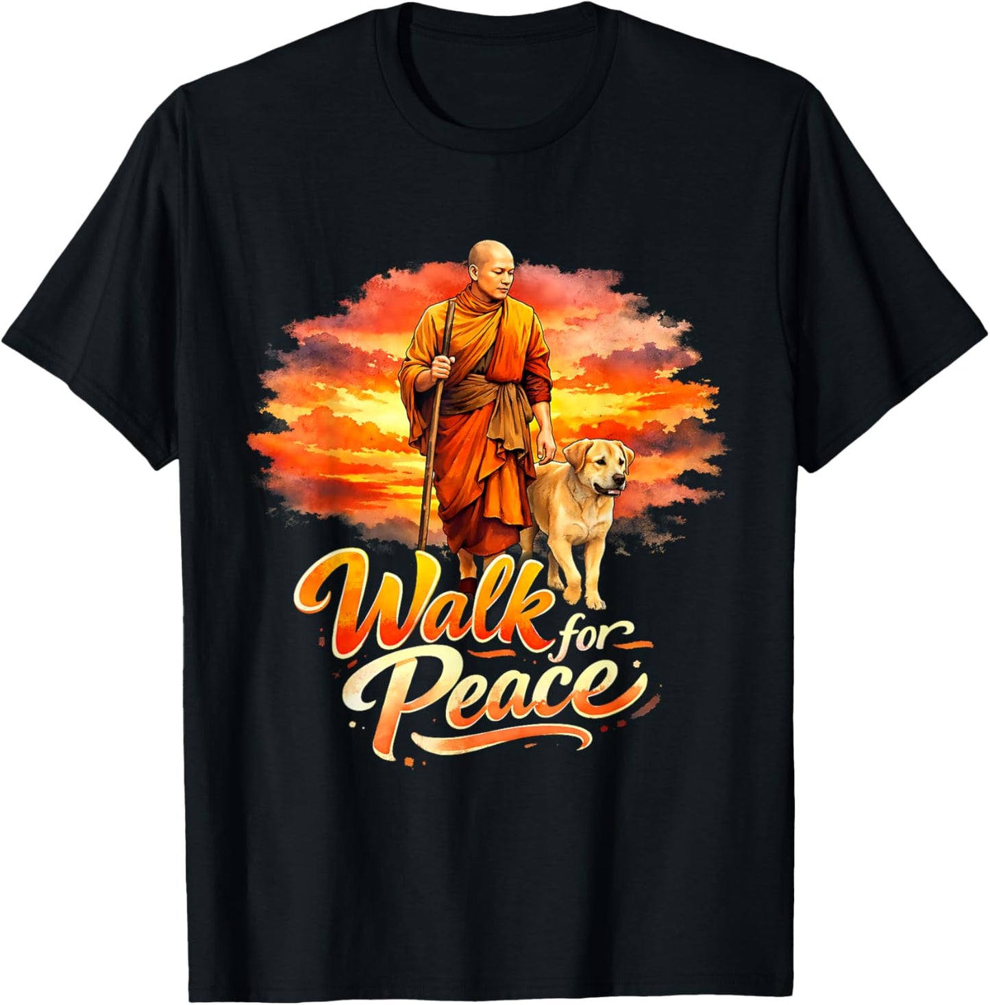 Walk for Peace Mindful Monk Spiritual Art T-Shirt - T-Shirt | Black