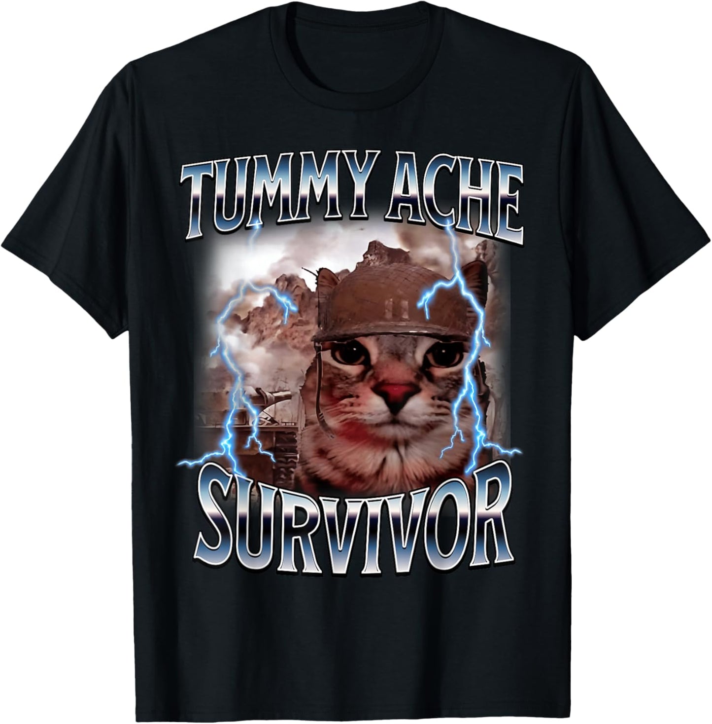 Tummy Ache Survivor Funny Cat Meme I Survived Today's Tummy T-Shirt - T-Shirt | Black