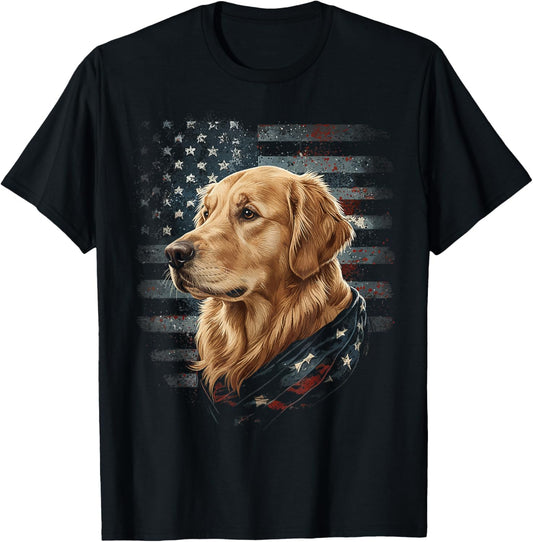 Golden Retriever Dog American Flag Patriotic Vintage USA T-Shirt - T-Shirt | Black