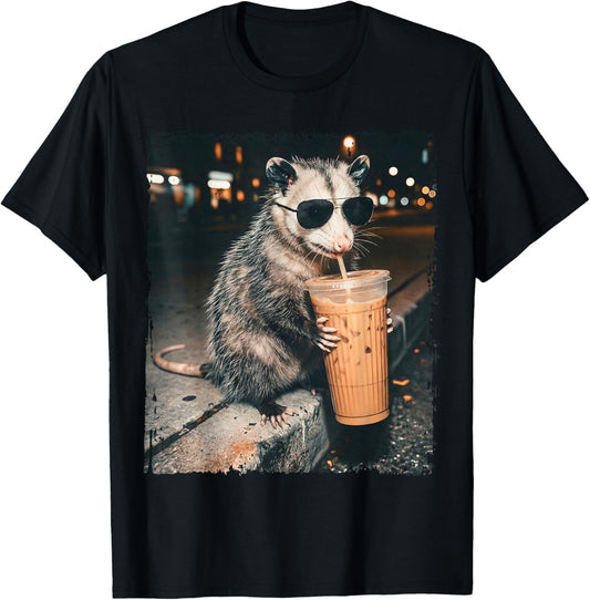 Opossum Drinking Iced Coffee Funny Possum Meme Men Women T-Shirt - T-Shirt | Black