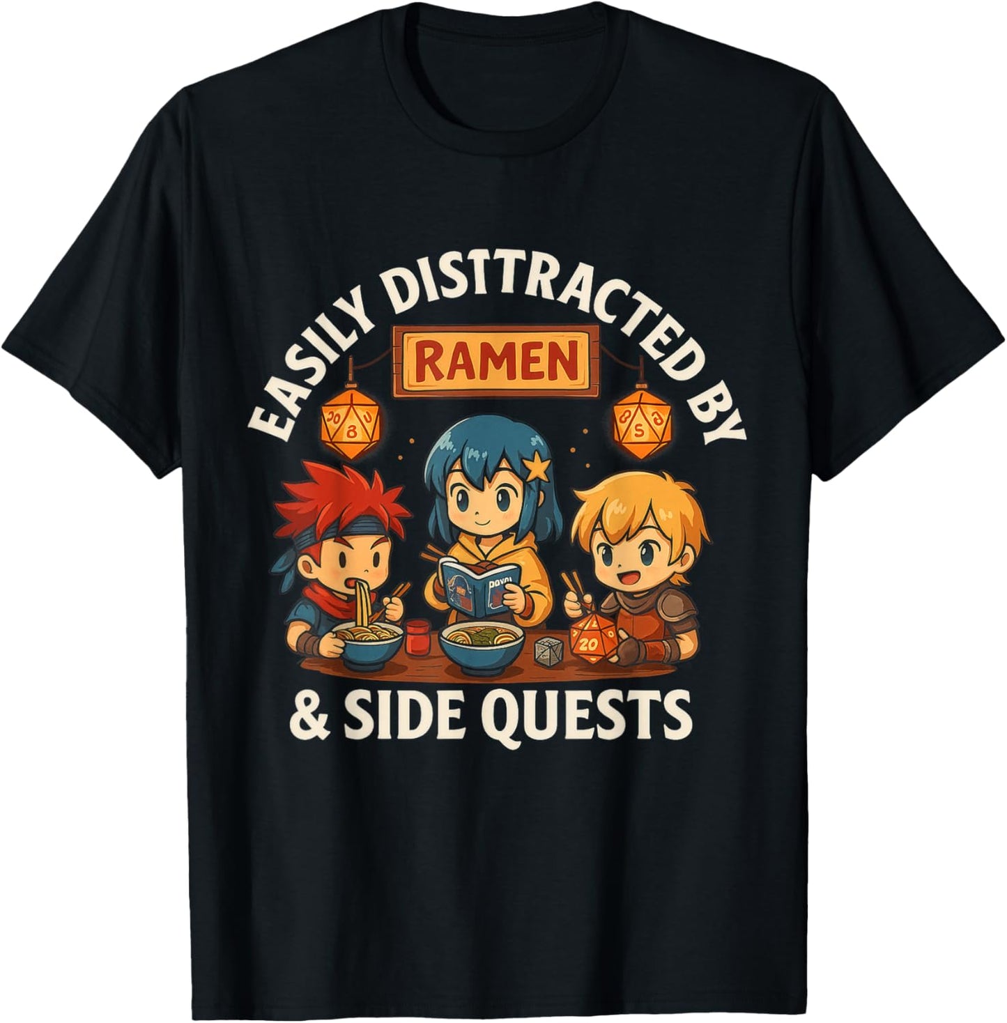 Anime Gamer Easily Distracted by Ramen and Side Quests Funny T-Shirt - T-Shirt | Black