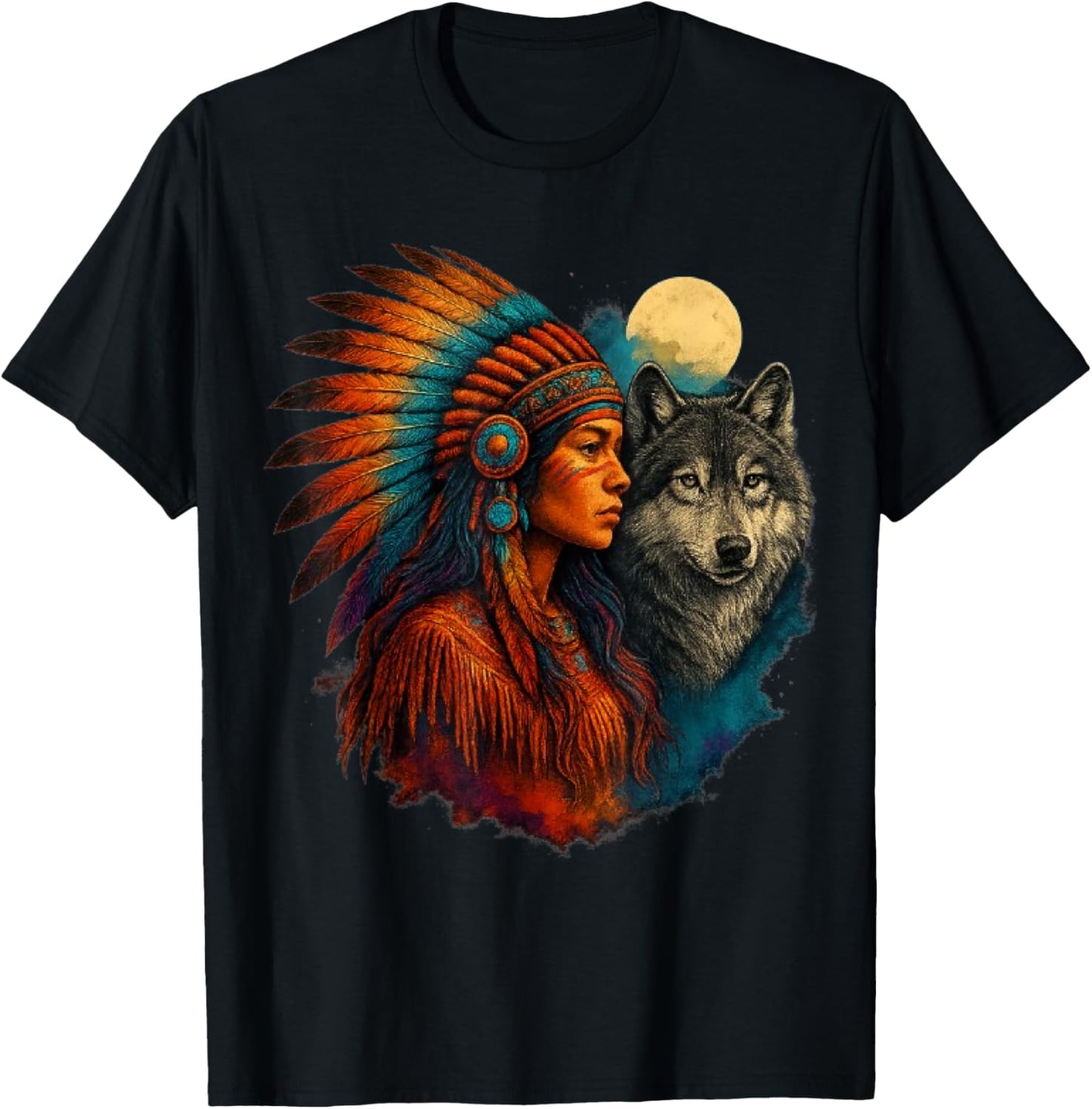 Indian Native American Woman with White Wolf Vitage T-Shirt - T-Shirt | Black