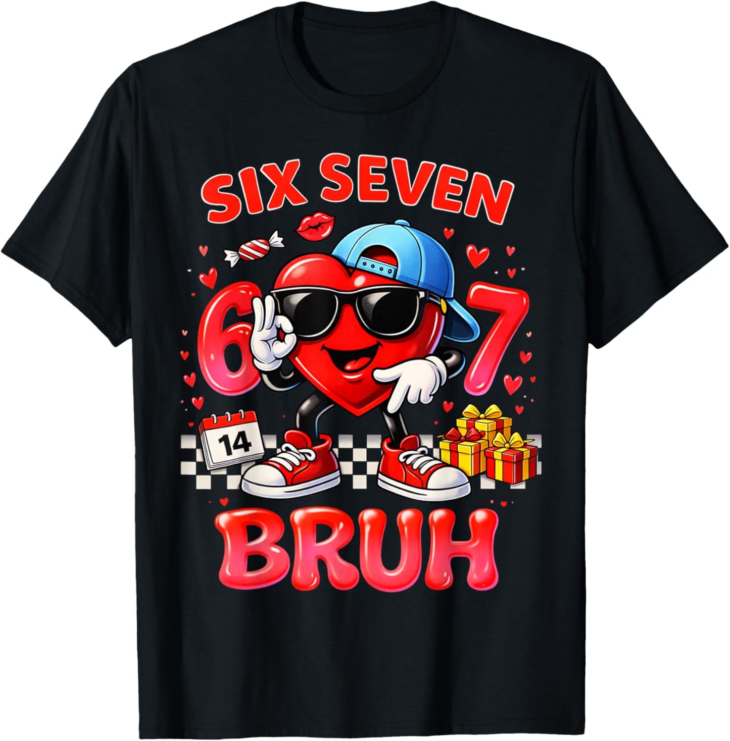 Six Seven Bruh Heart 67 Meme Valentines Day Kids Boys Youth T-Shirt - T-Shirt | Black