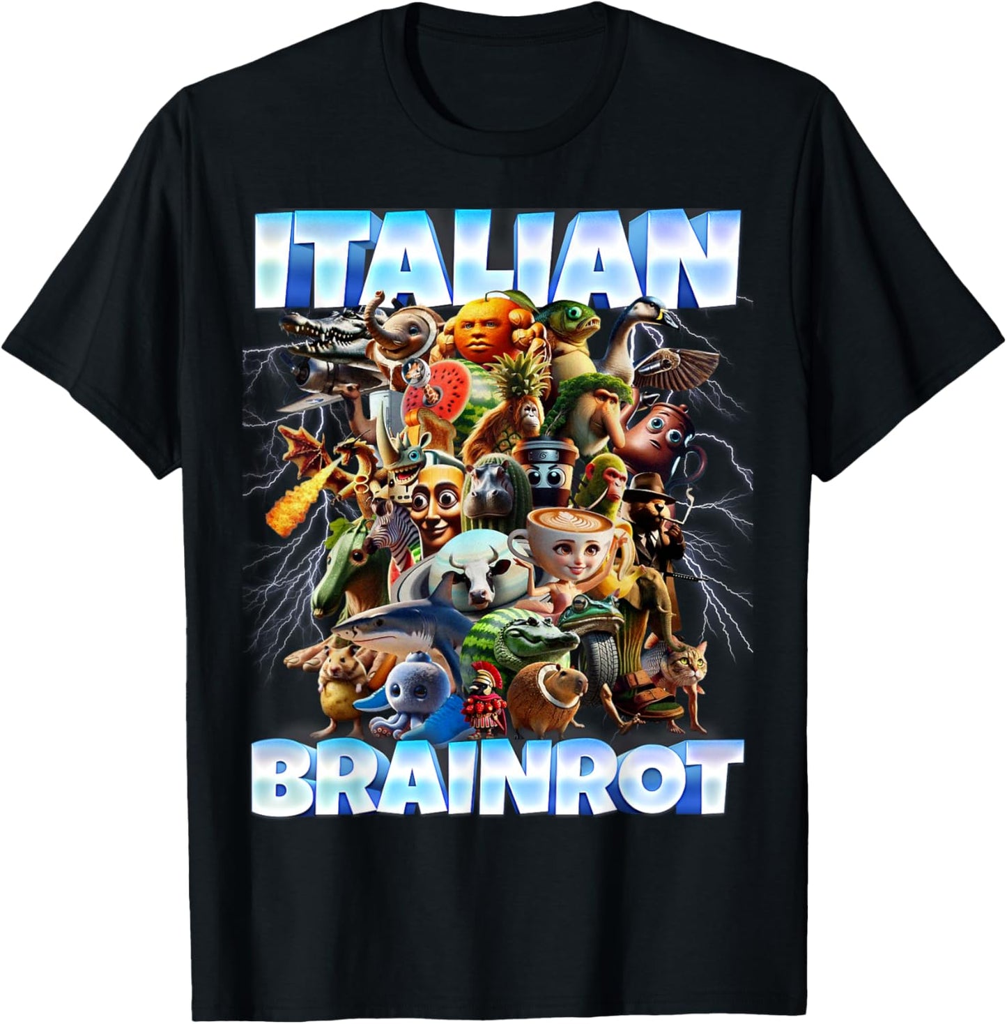 Italian Brainrot Characters Funny Meme Popular Trend Gen Z T-Shirt - T-Shirt | Black