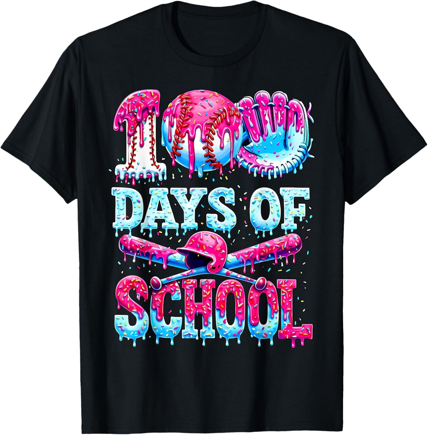 Survived 100 Days of School Baseball Ice Cream Drip Boy Kids T-Shirt - T-Shirt | Black
