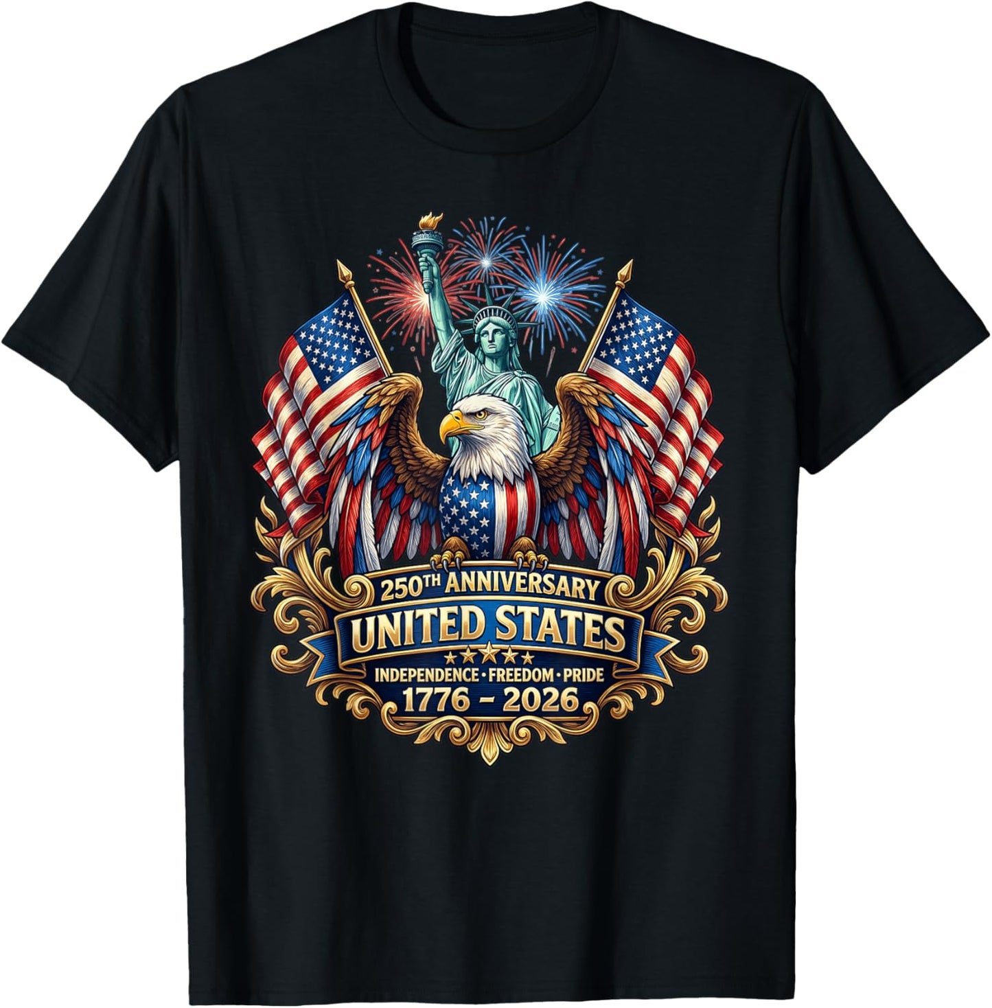 USA Independence 250th Anniversary 1776 2026 Patriotic Eagle T-Shirt - T-Shirt | Black