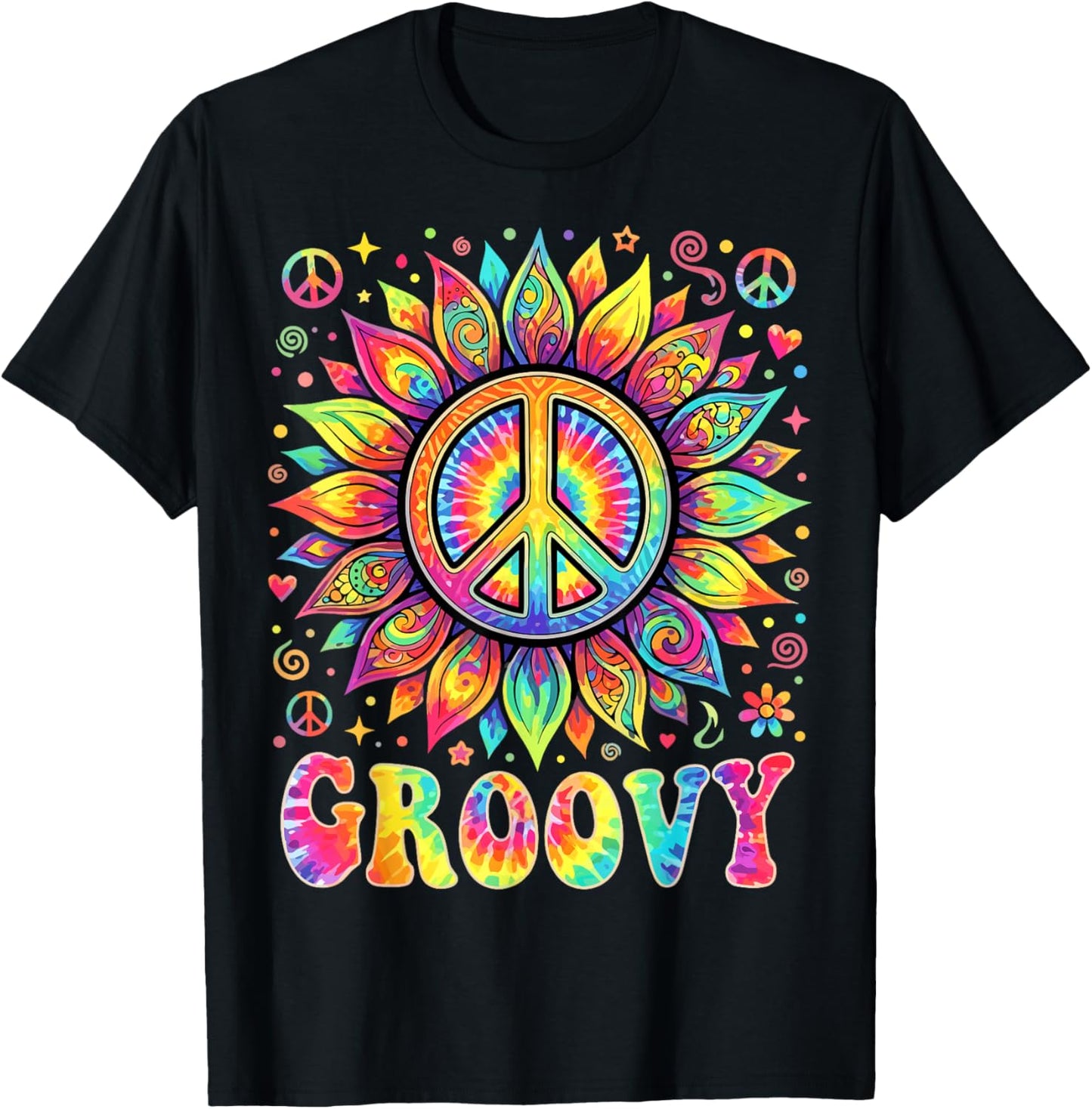 Tie Dye Groovy Sunflower Peace Sign Hippie T-Shirt - T-Shirt | Black
