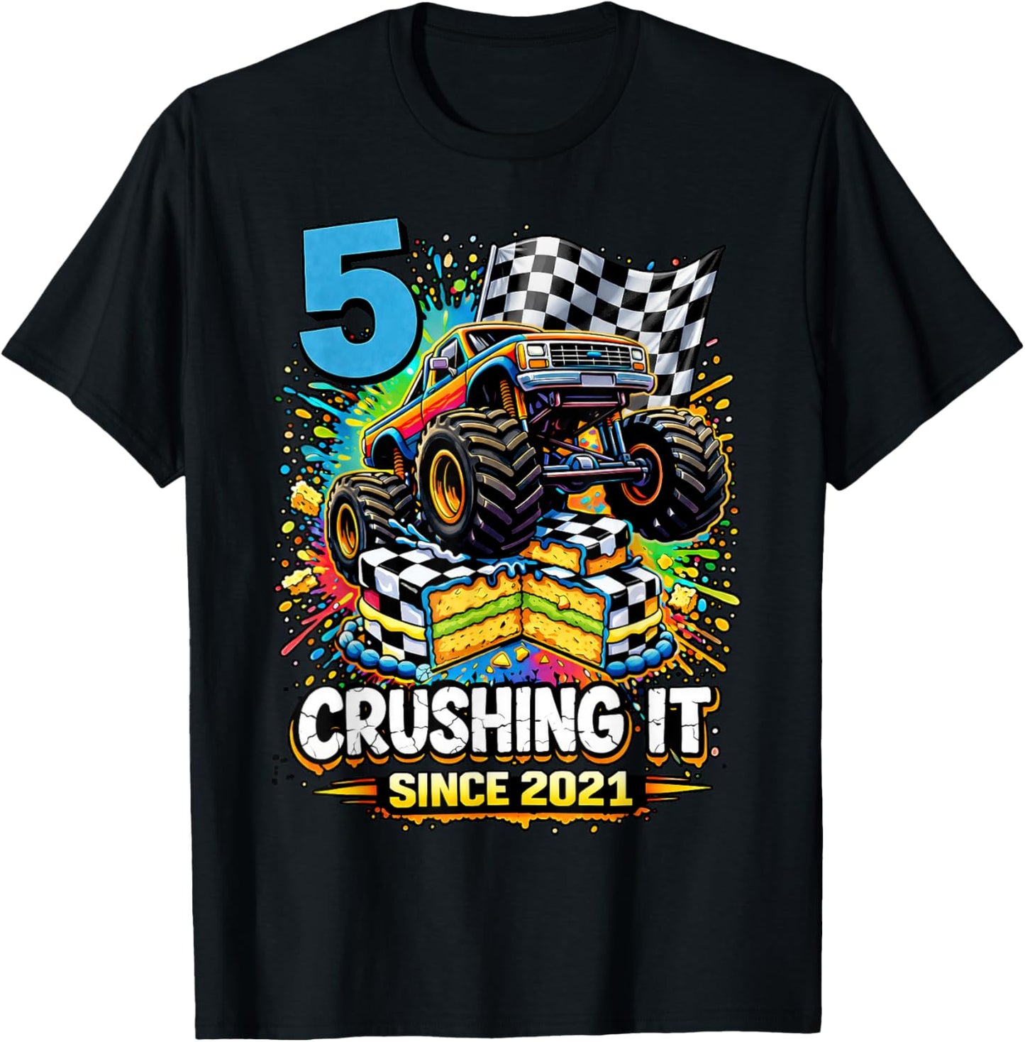 Birthday Monster Truck 5 Year Old Boys 5th Party Born 2021 T-Shirt - T-Shirt | Black