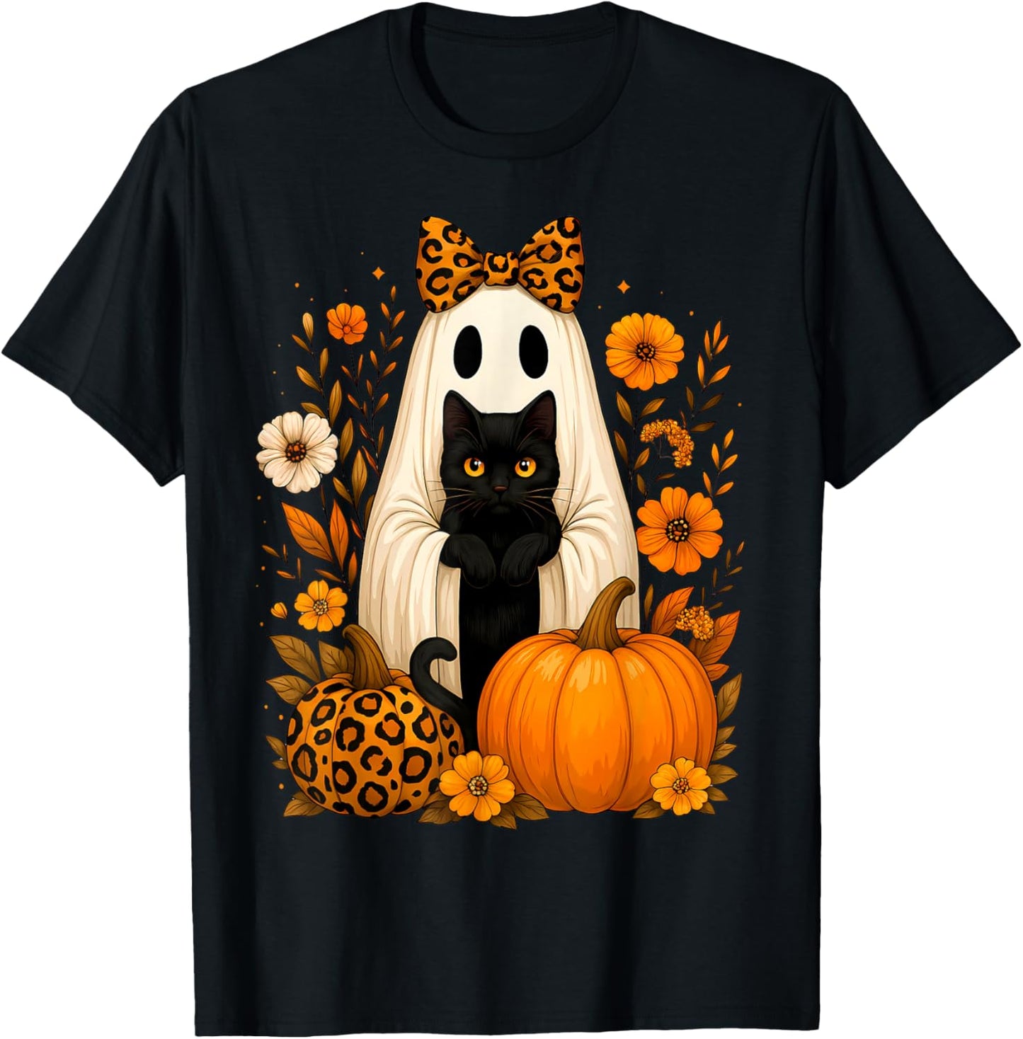 Ghost Holding Black Cat Leopard Print Autumn Halloween Women T-Shirt - T-Shirt | Black