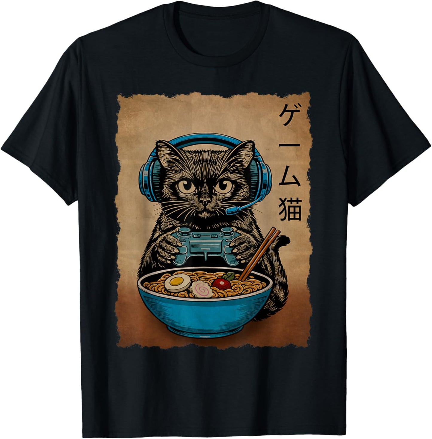 Gamer Cat Funny Teen Boys Gifts Japanese Ramen Cat Gaming T-Shirt - T-Shirt | Black