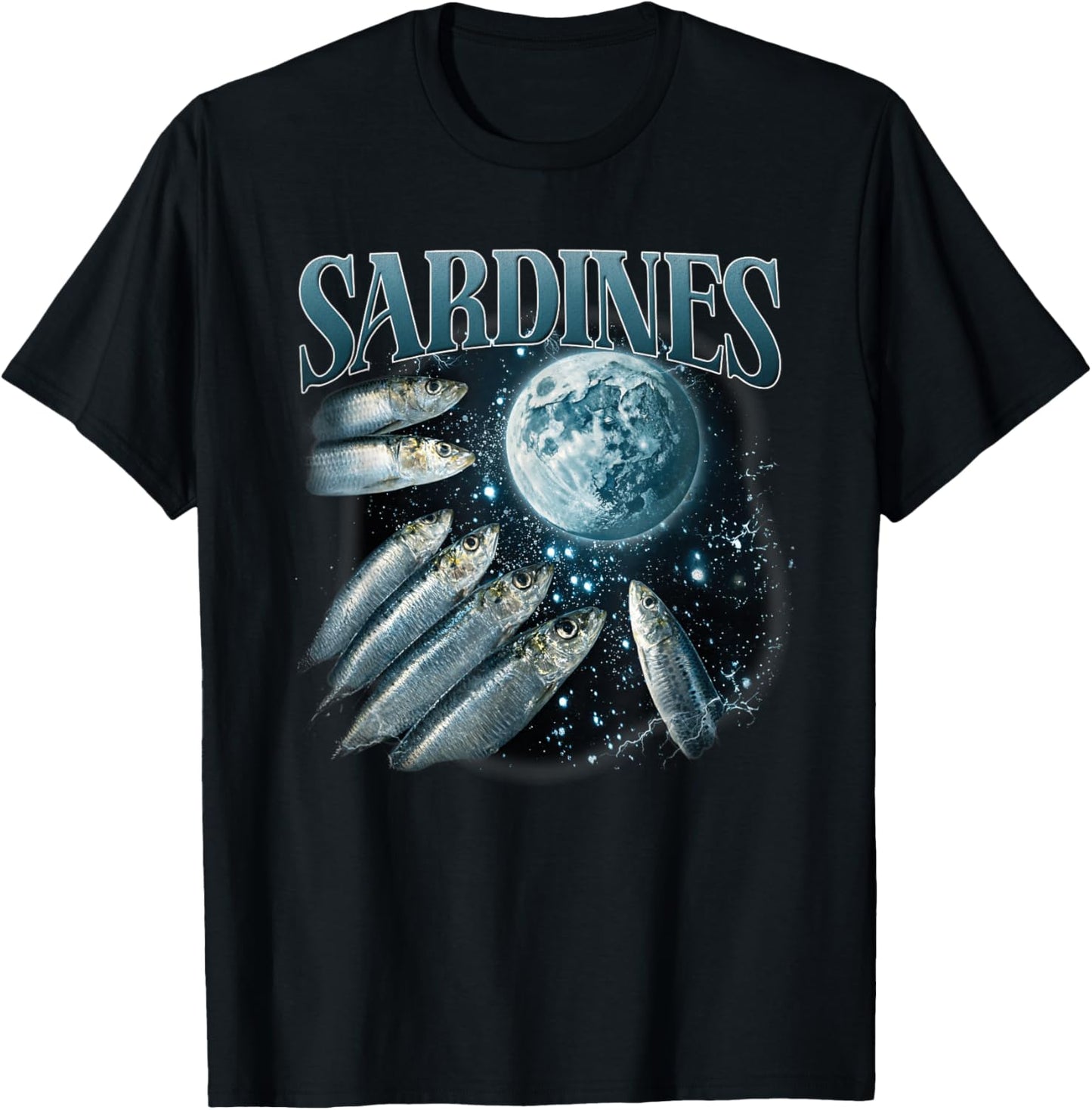 Three Sardines Howling at Moon Retro Sardine Fish Lover T-Shirt - T-Shirt | Black