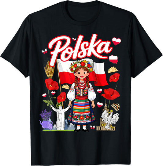 Polish Flag Outfit Idea Polska Poland Folk Flowers T-Shirt - T-Shirt | Black