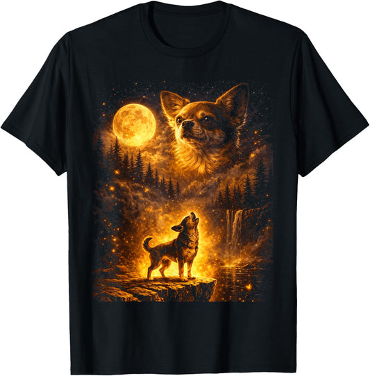 Vintage Moonlight Dog Funny Chihuahua Howling at The Moon T-Shirt - T-Shirt | Black