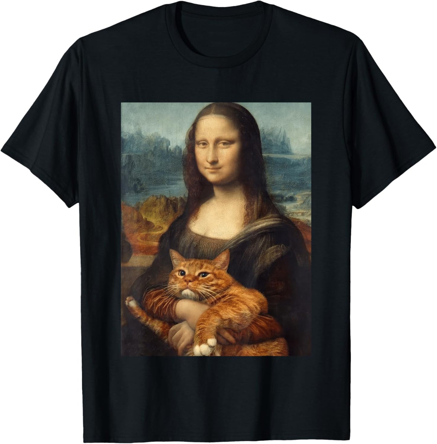 Funny Mona Lisa Holding Cat Meme Sarcastic Kitty Lover T-Shirt - T-Shirt | Black