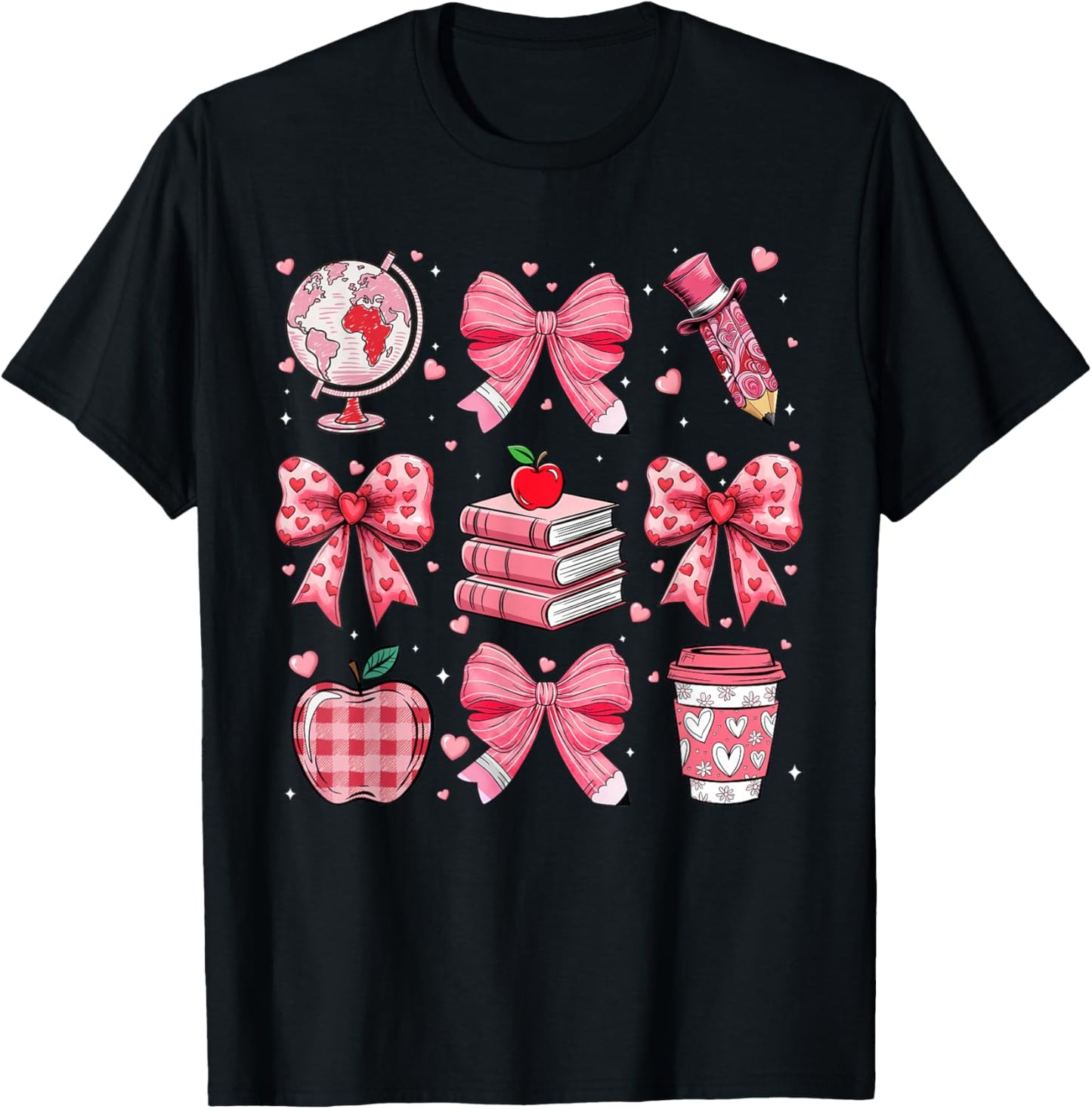 Coquette Pink Bow Apple Teacher Appreciation Valentine Day T-Shirt - T-Shirt | Black