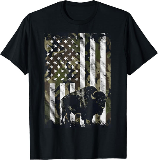 Camo USA Flag Bison Camouflage Hunting Wildlife Hunter Dad T-Shirt - T-Shirt | Black