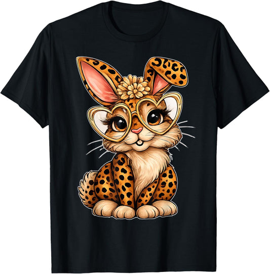 Cute Easter Leopard Bunny Heart Glasses Spring Vibes T-Shirt - T-Shirt | Black