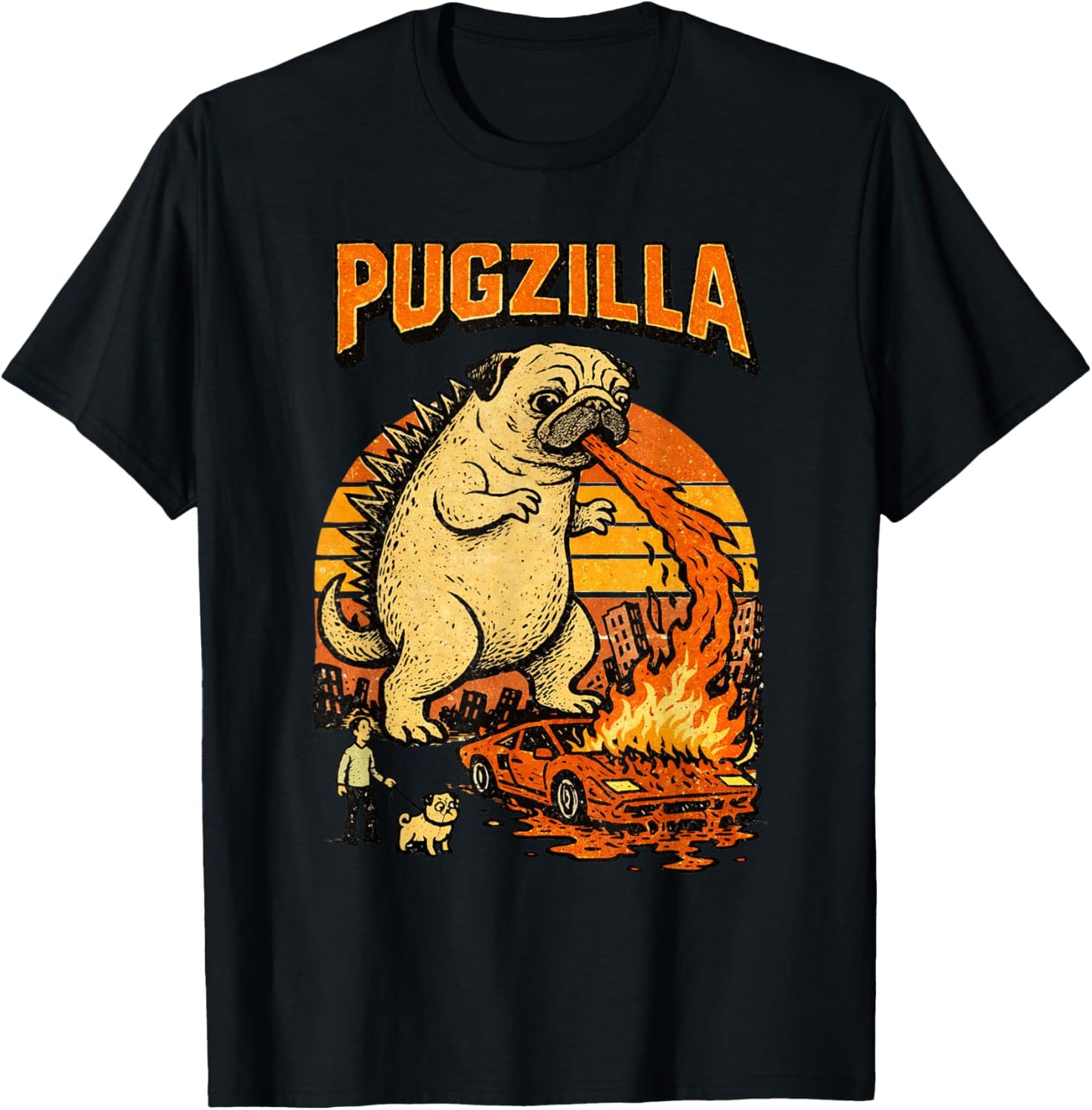 Pugzilla Funny Giant Pug Dog Meme Parody Illustration T-Shirt - T-Shirt | Black