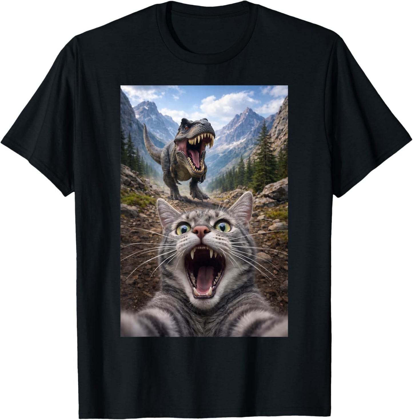 Funny Cat Selfie Running from T-Rex Dinosaur T-Shirt - T-Shirt | Black