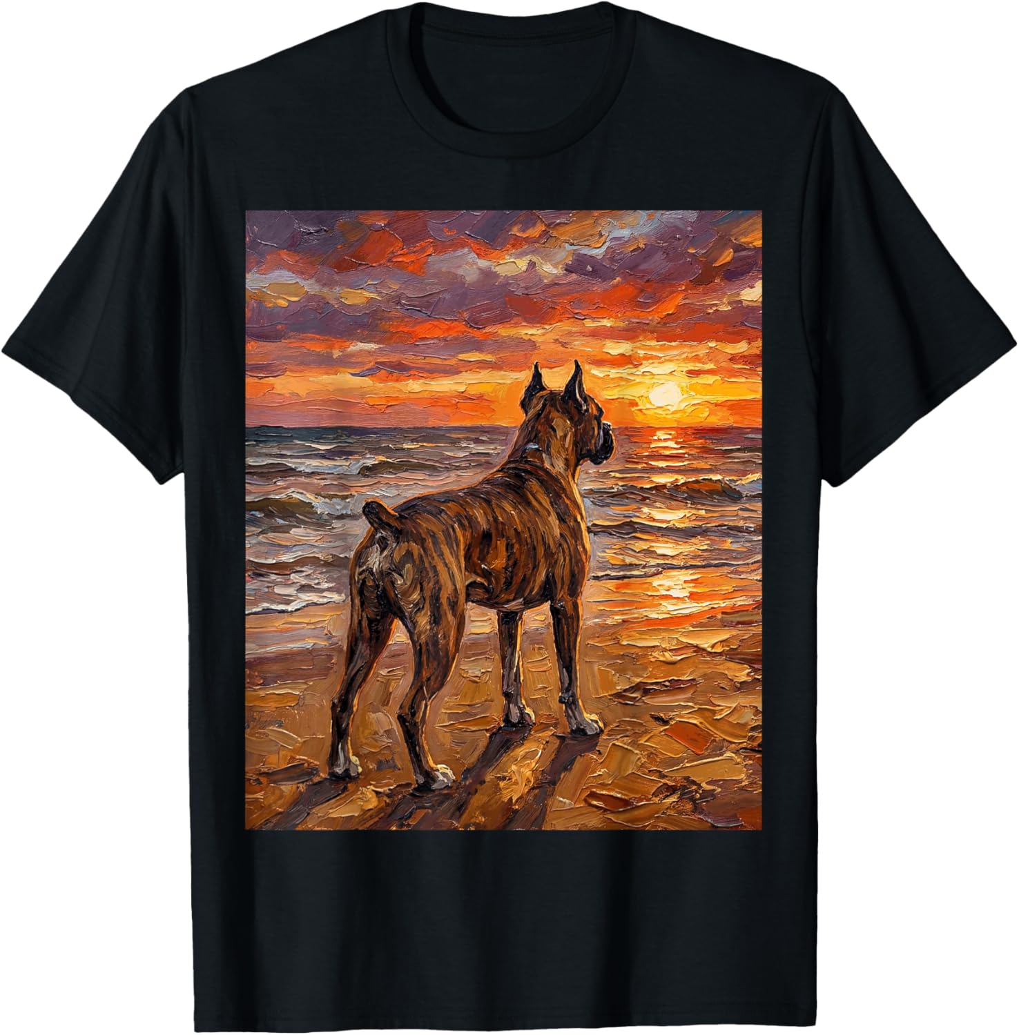 Brindle Boxer at a Sunset Beach Dog Artwork T-Shirt - T-Shirt | Black