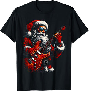Santa Claus Playing Guitar Funny Christmas Rock Guitar T-Shirt - T-Shirt | Black
