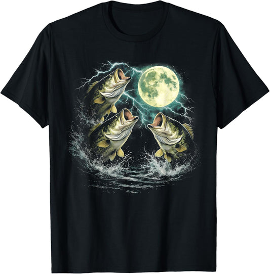 Bass Fish Howling to The Moon Vintage Angler Fisherman T-Shirt - T-Shirt | Black