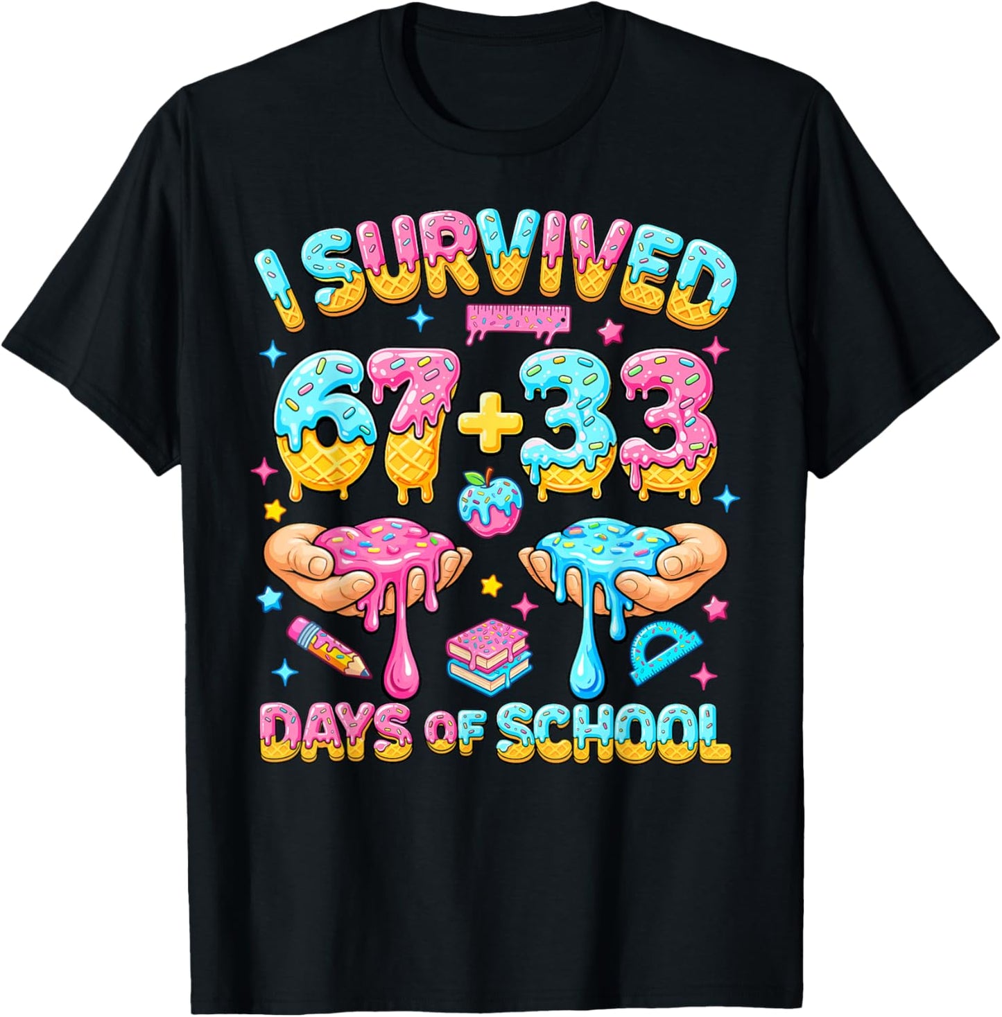 I Survived 67+33 Days of School 100 Days Teachers Kids Boys T-Shirt - T-Shirt | Black