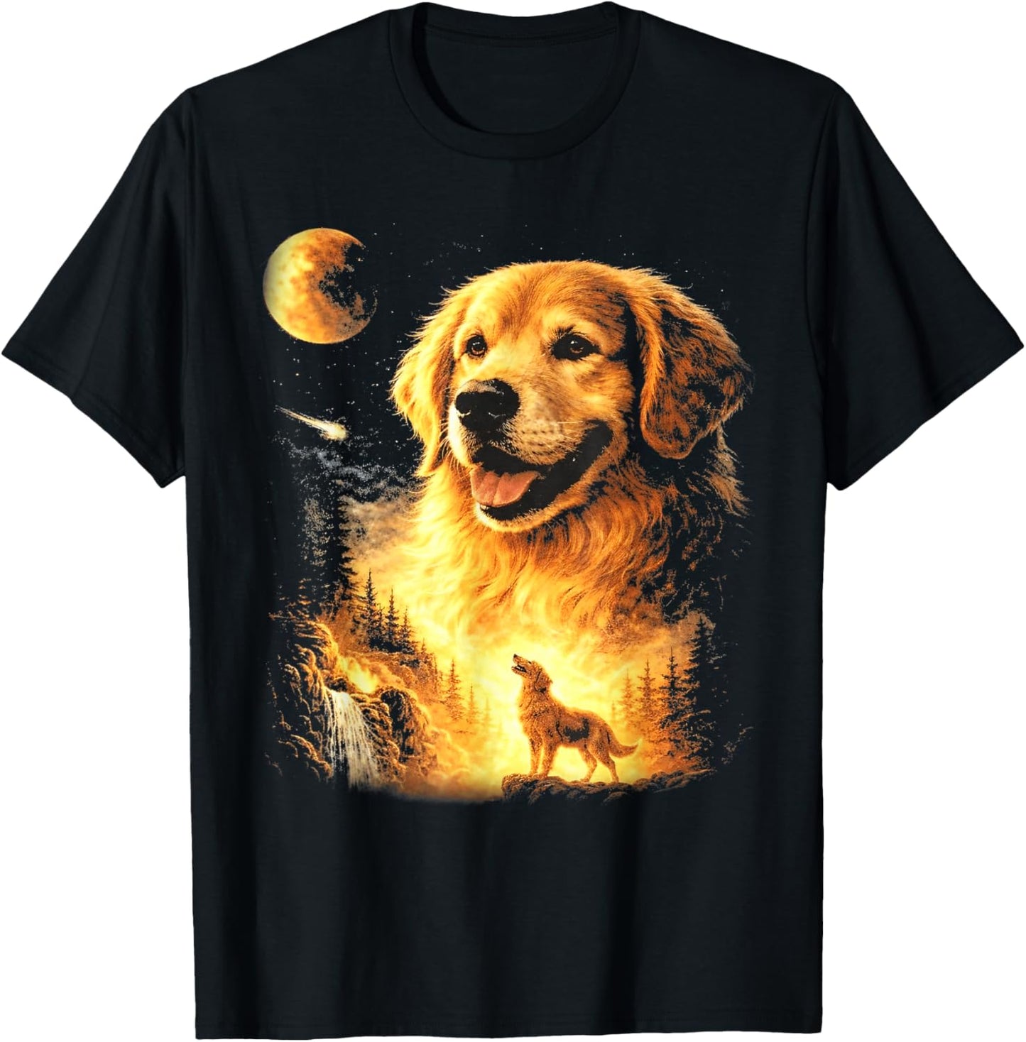 Golden Retriever Howling to The Moon Vintage 90s Dog Graphic T-Shirt - T-Shirt | Black