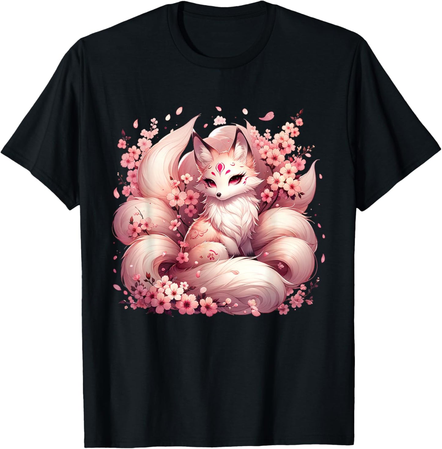 Anime Kawaii Kitsune Fox Japanese Nine Tailed Magical Sakura T-Shirt - T-Shirt | Black