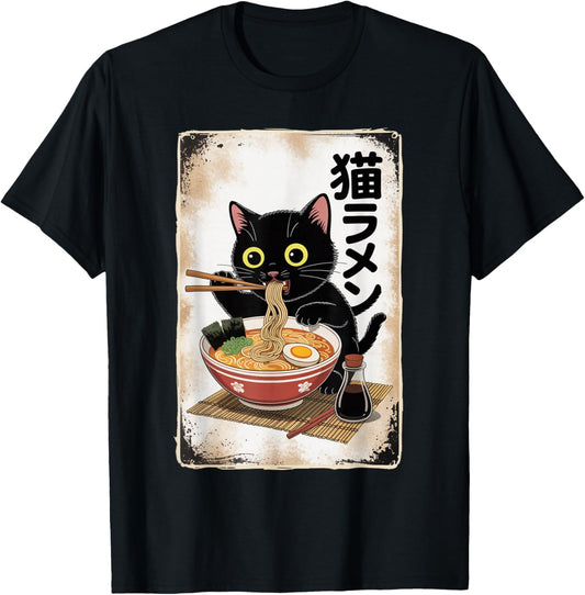 Funny Cat Ramen Japanese Kawaii Anime Cat T-Shirt - T-Shirt | Black