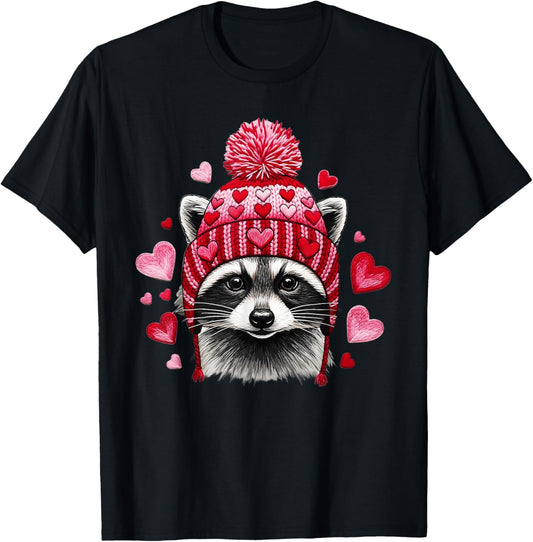 Raccoon Valentines Day Funny Feral Raccoon Love Heart Animal T-Shirt - T-Shirt | Black