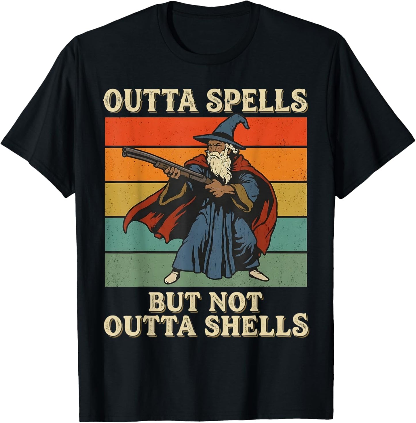 Outta Spells But Not Outta Shells Wizard Retro Fantasy Meme T-Shirt - T-Shirt | Black
