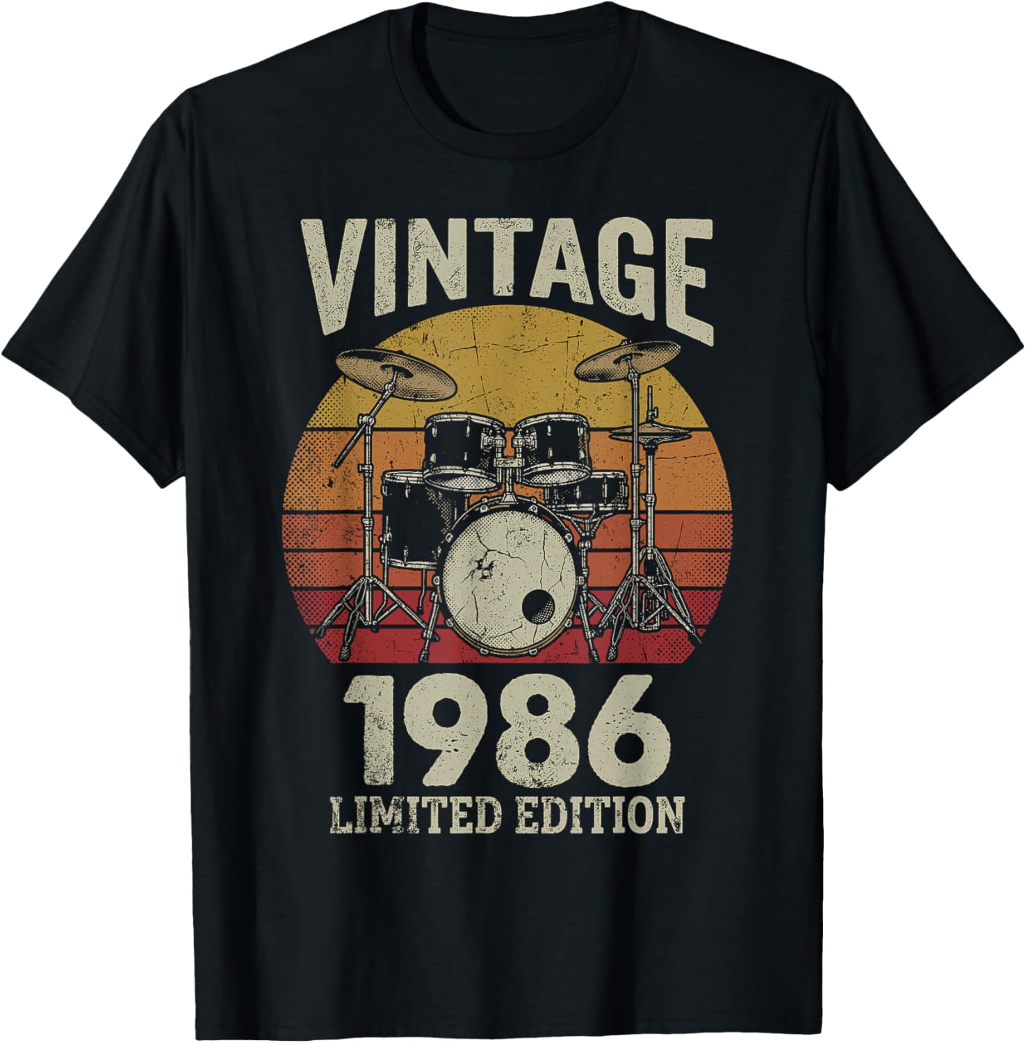 Vintage 1986 Drummer 40th Birthday Gift Retro Sunset Drums T-Shirt - T-Shirt | Black