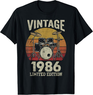 Vintage 1986 Drummer 40th Birthday Gift Retro Sunset Drums T-Shirt - T-Shirt | Black