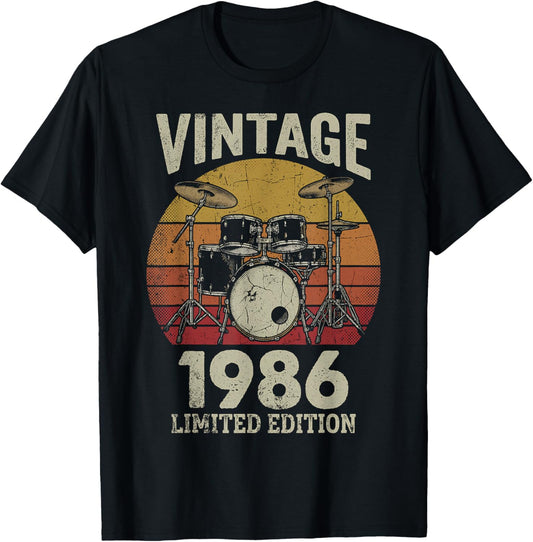 Vintage 1986 Drummer 40th Birthday Gift Retro Sunset Drums T-Shirt - T-Shirt | Black