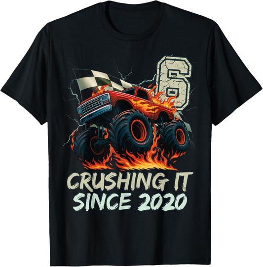 Birthday Monster Truck 6 Year Old Boys 6th Party Born 2020 T-Shirt - T-Shirt | Black