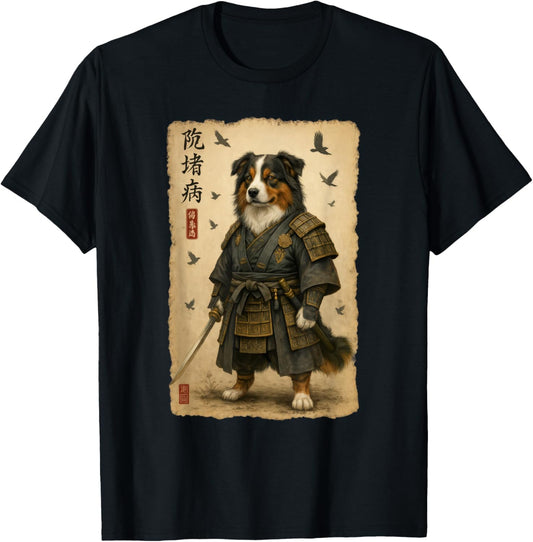 Australian Shepherd Samurai Art Japanese Vintage T-Shirt - T-Shirt | Black