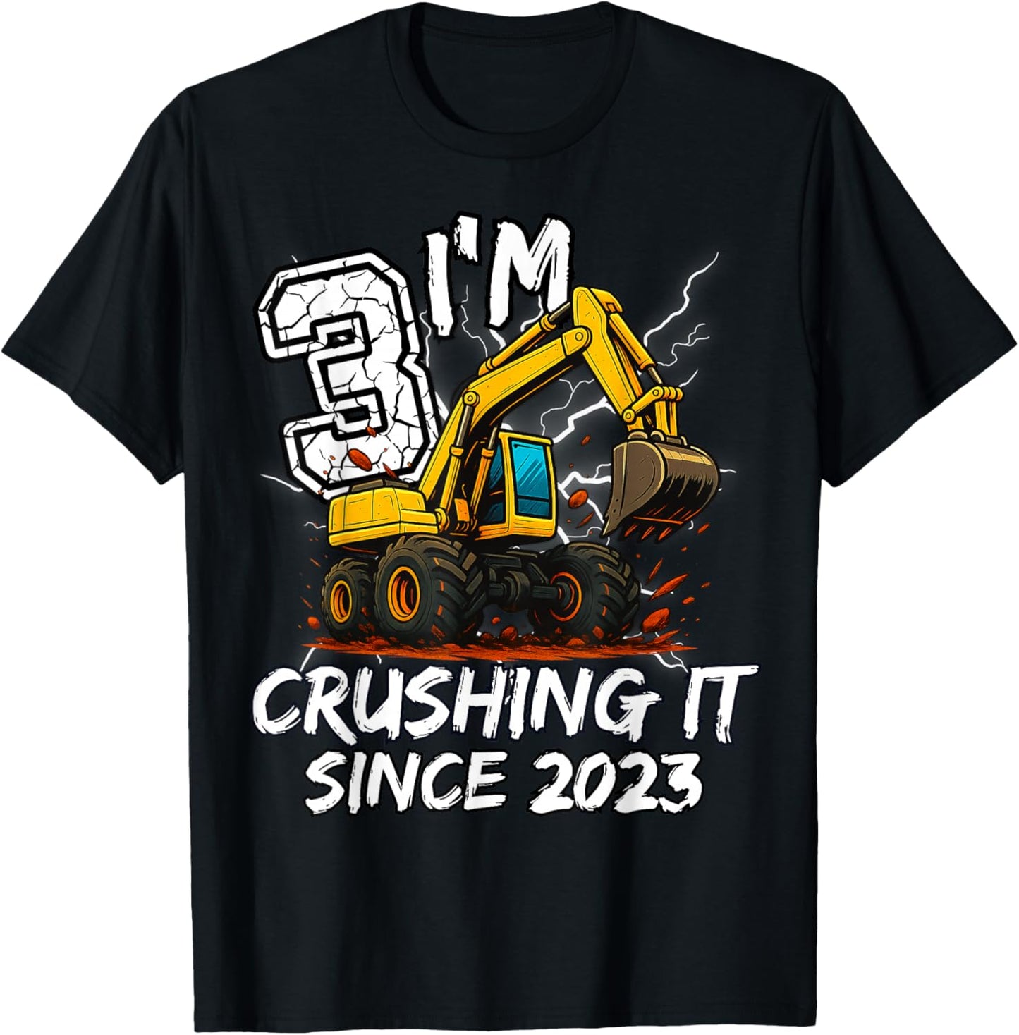 Birthday Excavator Truck 3 Year Old Boys 3rd Party Born 2023 T-Shirt - T-Shirt | Black