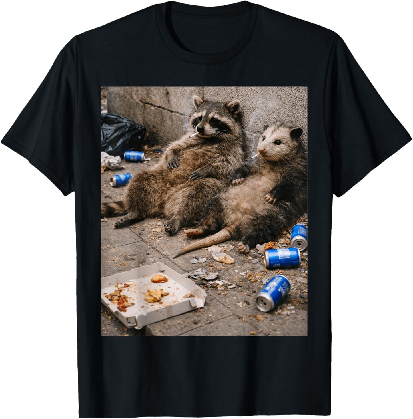 Raccoon and Opossum Smoking Cigarette with Trash T-Shirt - T-Shirt | Black