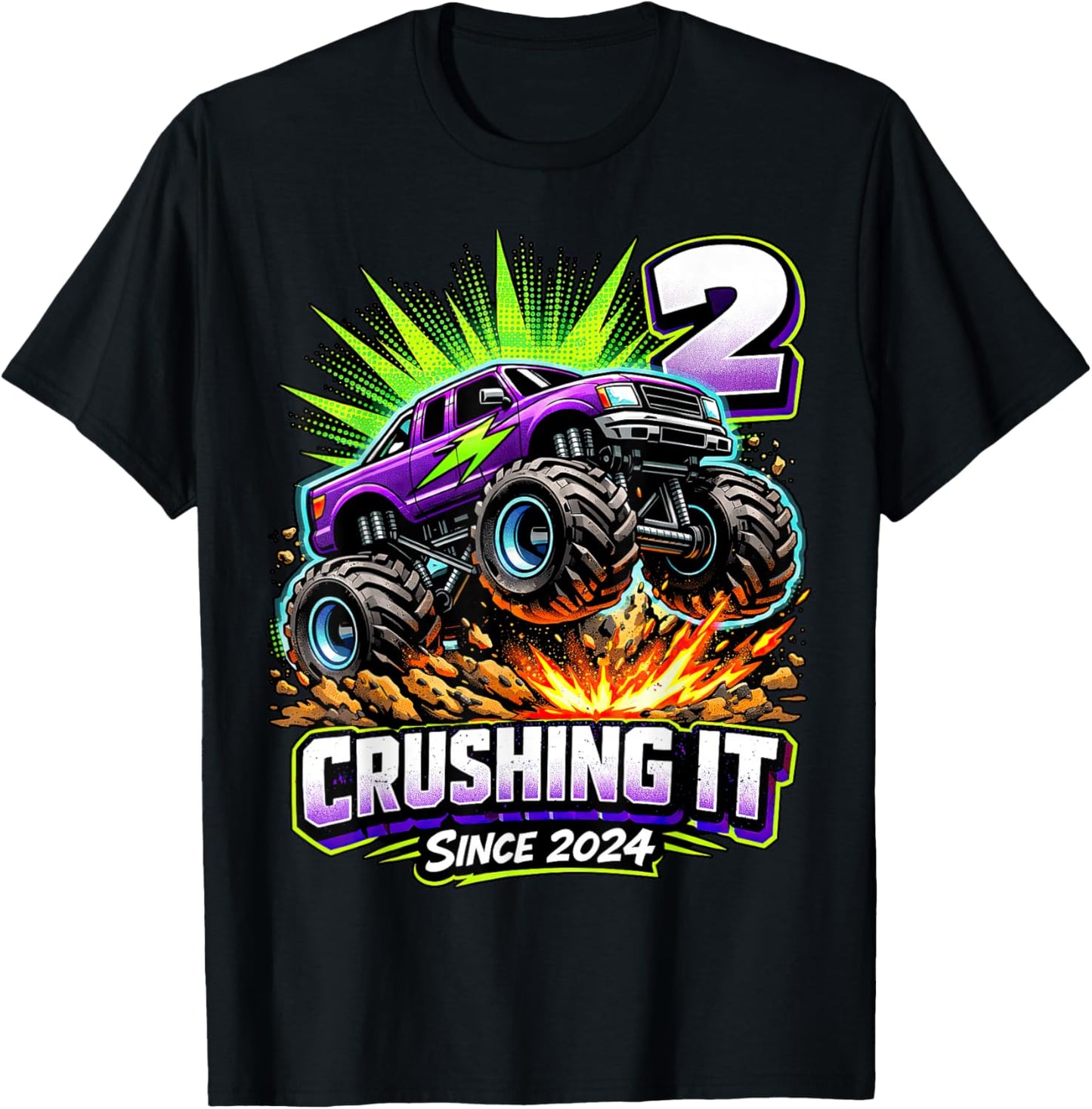 Birthday Monster Truck 2 Year Old Boys 2nd Party Born 2024 T-Shirt - T-Shirt | Black