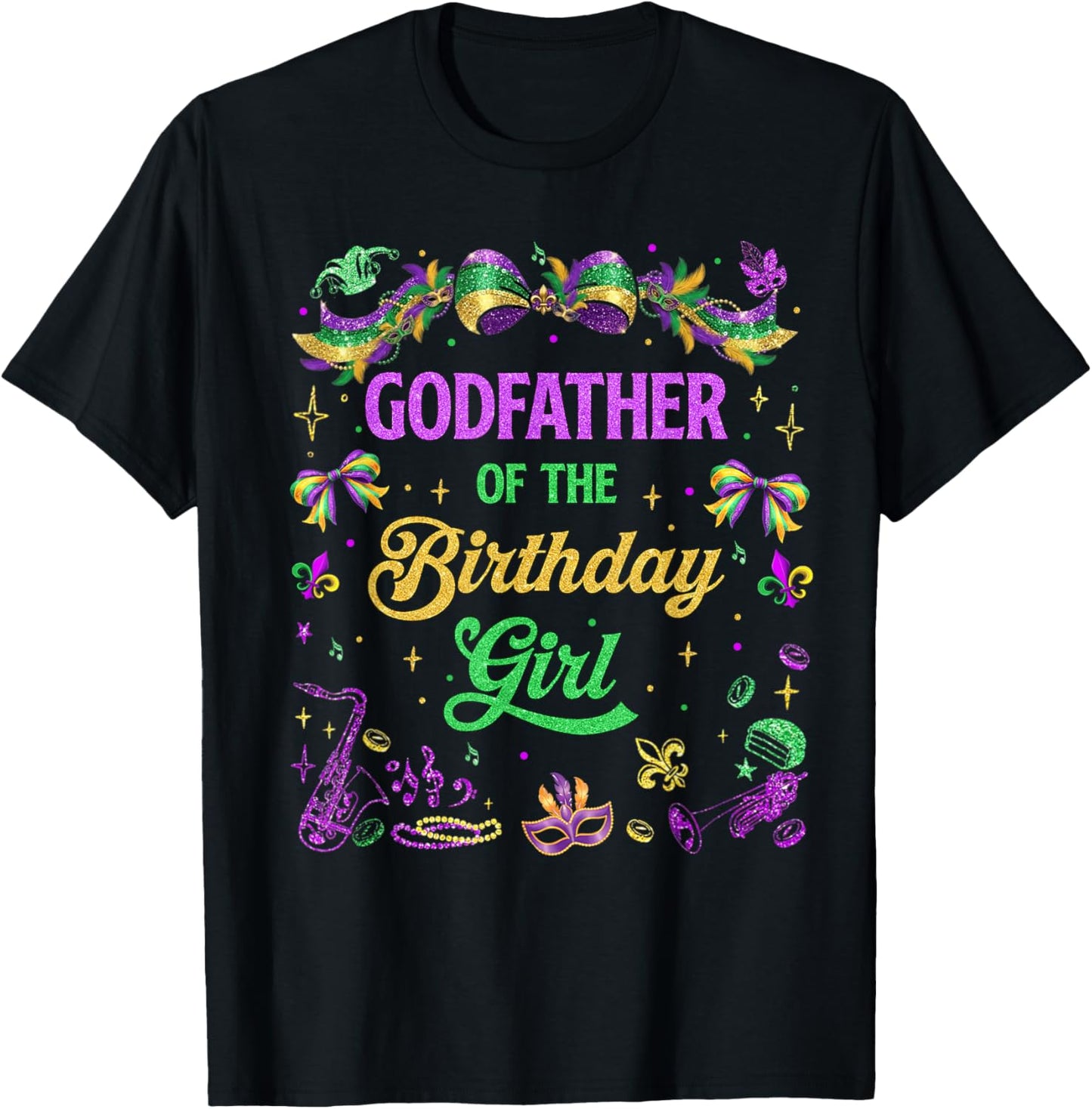 Godfather of The Birthday Girl Mardi Gras Coquette Bow T-Shirt - T-Shirt | Black