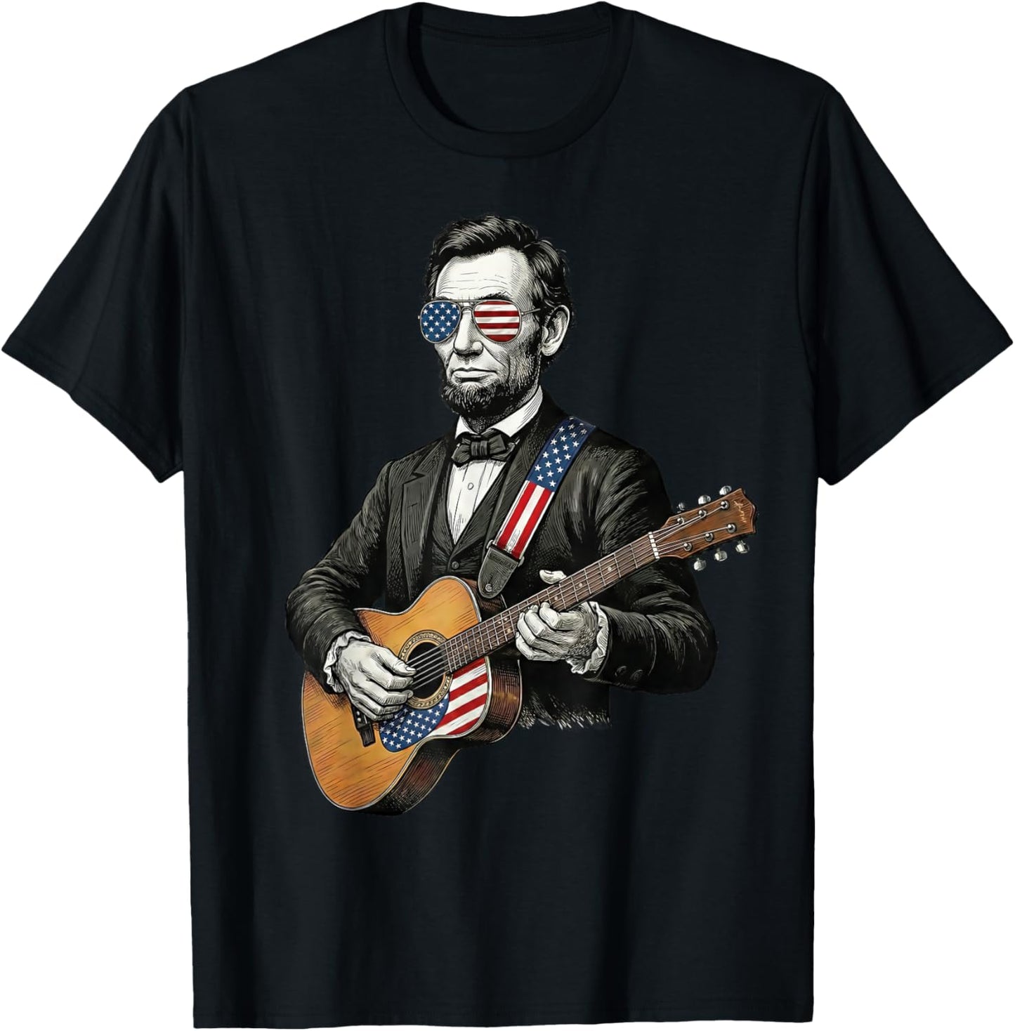 Abraham Lincoln Playing Guitar Funny 4th of July Patriotic T-Shirt - T-Shirt | Black