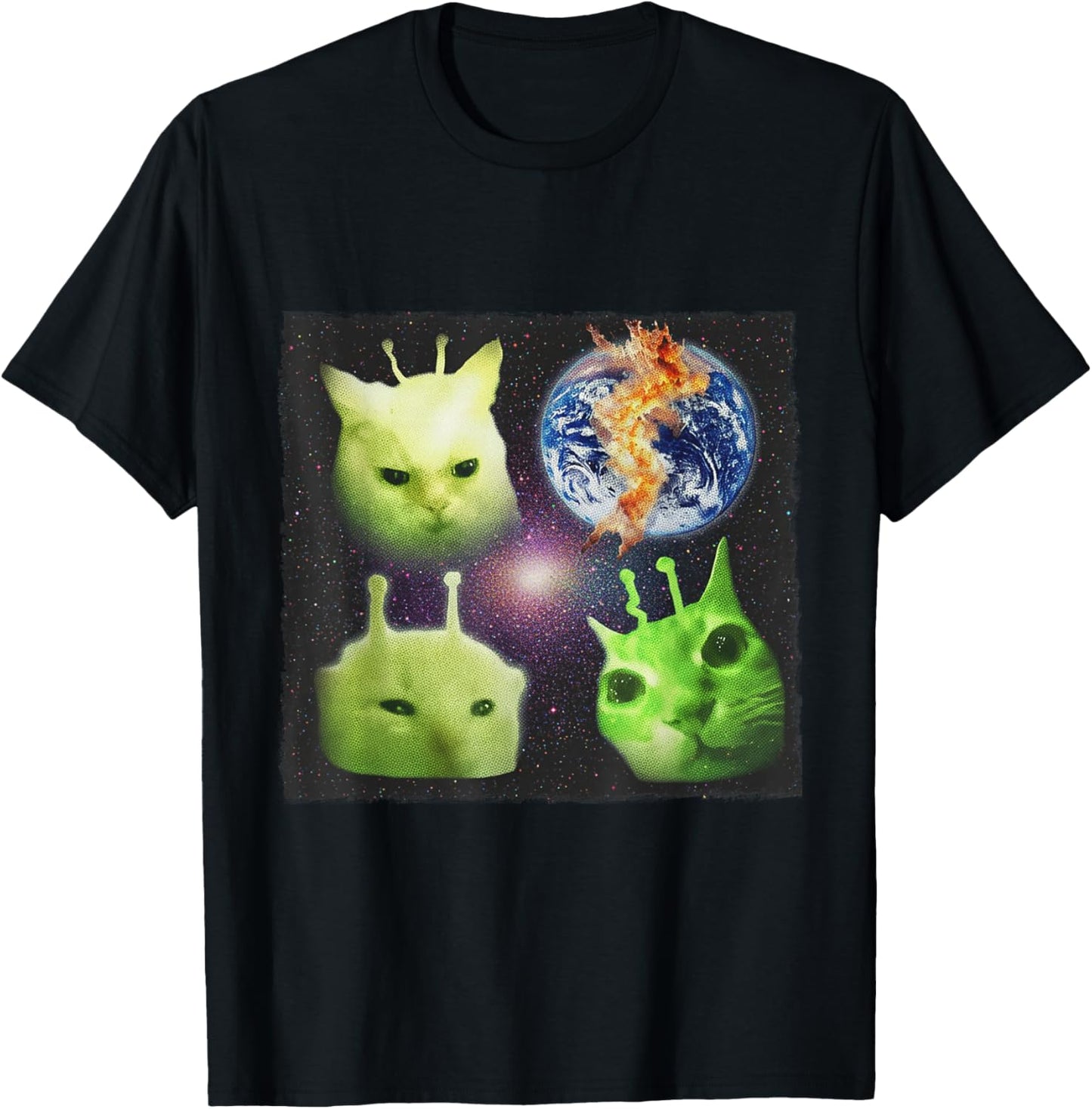 Y2k Alien UFO Cat Meme Silly Cats Retro Cat Lover Vintage T-Shirt - T-Shirt | Black