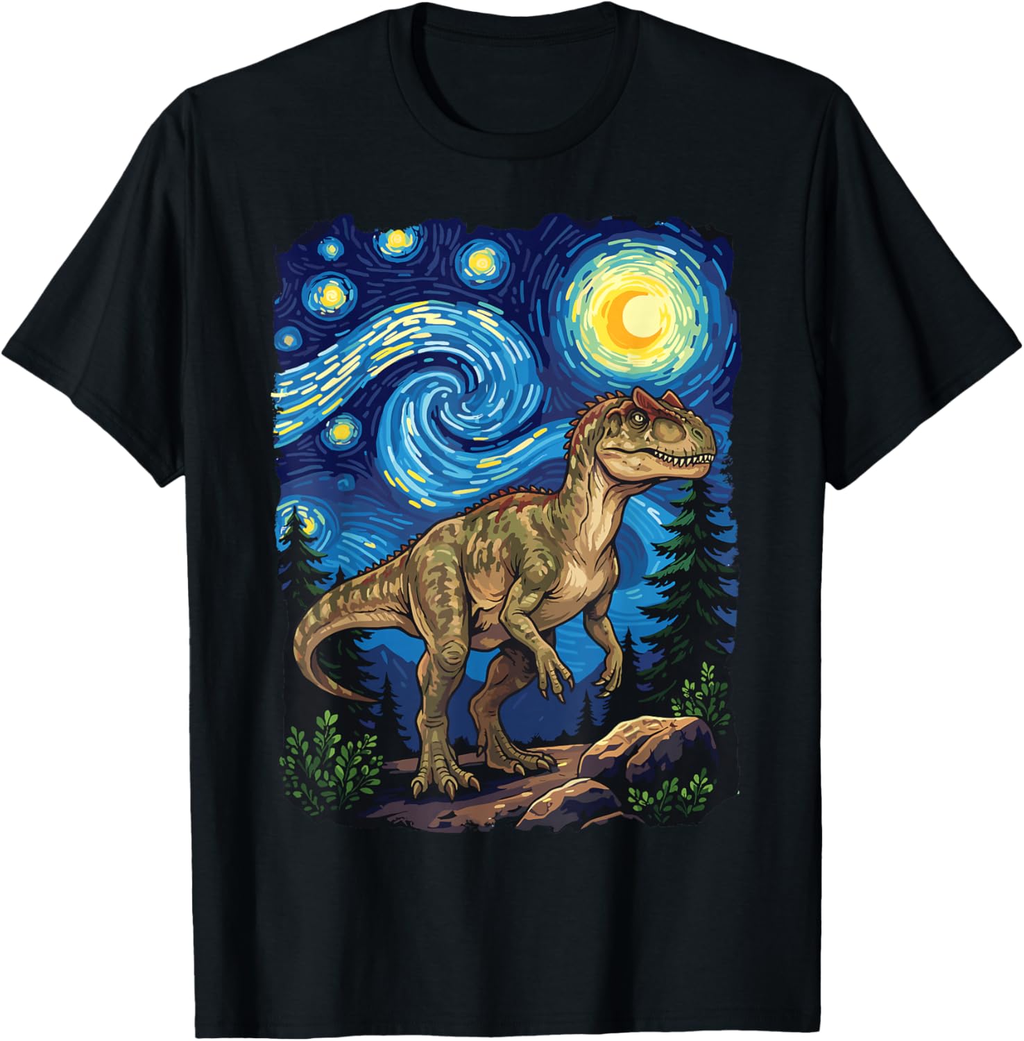 Allosaurus Dinosaur Prehistoric Starry Night Van Gogh Dino T-Shirt - T-Shirt | Black